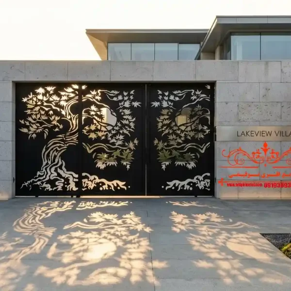 درب فلزی دو لنگه کد ۳۵۴ طرح درخت بون‌سای مشکی مات برای ویلای مدرن 