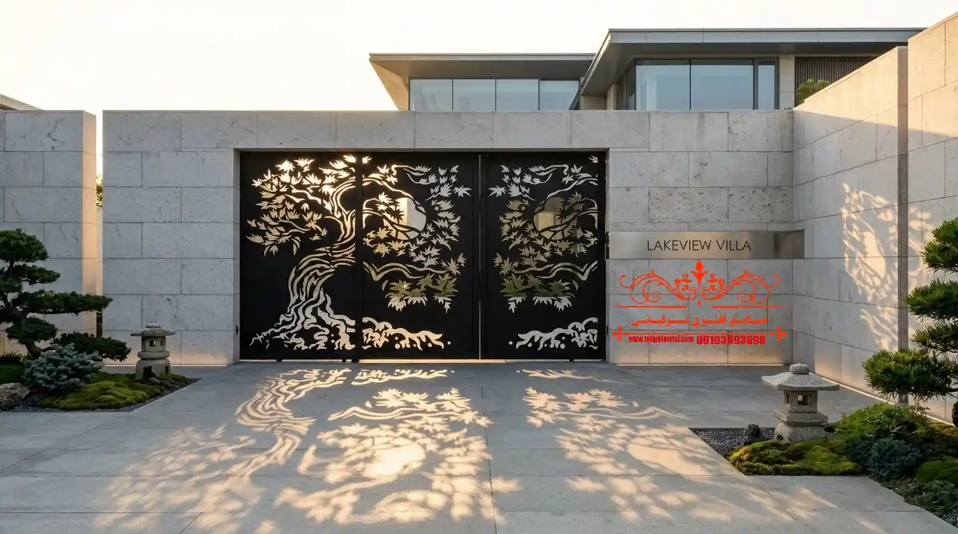درب لیزری cnc در سمنان 4 درب فلزی دو لنگه کد ۳۵۴ طرح درخت بونسای مشکی مات برای ویلای مدرن