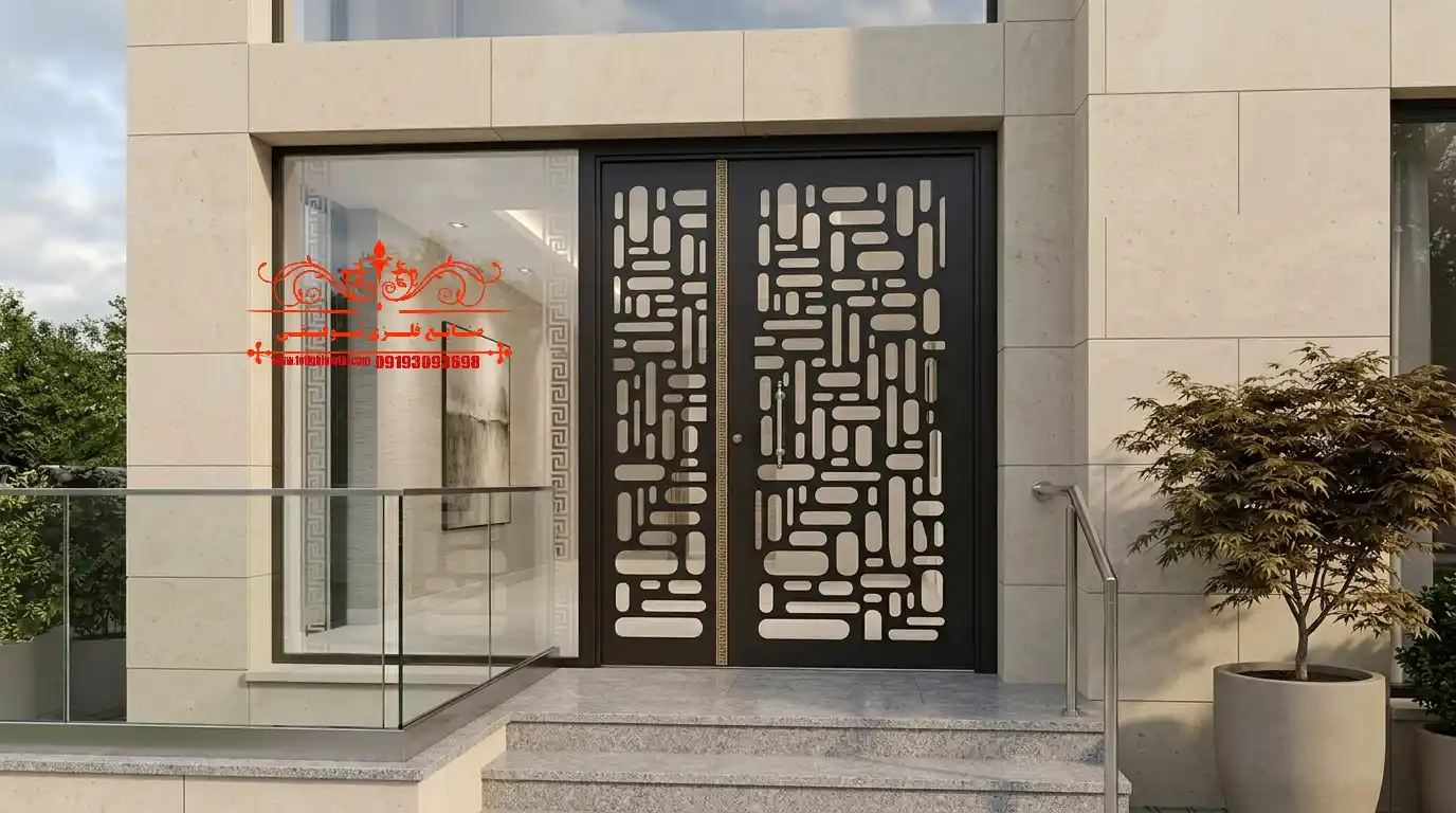 راهنمای جامع خرید و سفارش درب لیزری در اردبیل 2 درب لیزری در قزوین نمای شیک درب ورودی لیزری با برش CNC و جزئیات طلایی در یک ساختمان لوکس