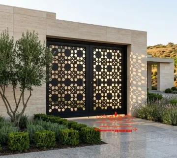 درب cnc دو لنگه کد ۴۴۸ رب فلزی دو لنگه لوکس با طرح هندسی CNC و رنگ مشکی برای ورودی ویلا