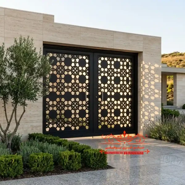 درب cnc دو لنگه کد ۴۴۸ رب فلزی دو لنگه لوکس با طرح هندسی CNC و رنگ مشکی برای ورودی ویلا