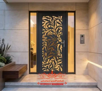 درب فلزی با طرح لیزری کد ۴۳۸ درب نفر رو فلزی طرح گیاهی مدل CNC برای نمای ویلاهای مدرن و لوکس