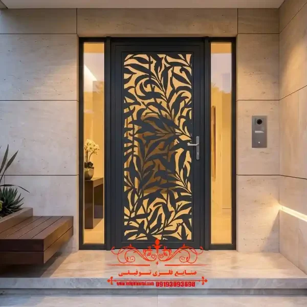 درب فلزی با طرح لیزری کد ۴۳۸ درب نفر رو فلزی طرح گیاهی مدل CNC برای نمای ویلاهای مدرن و لوکس