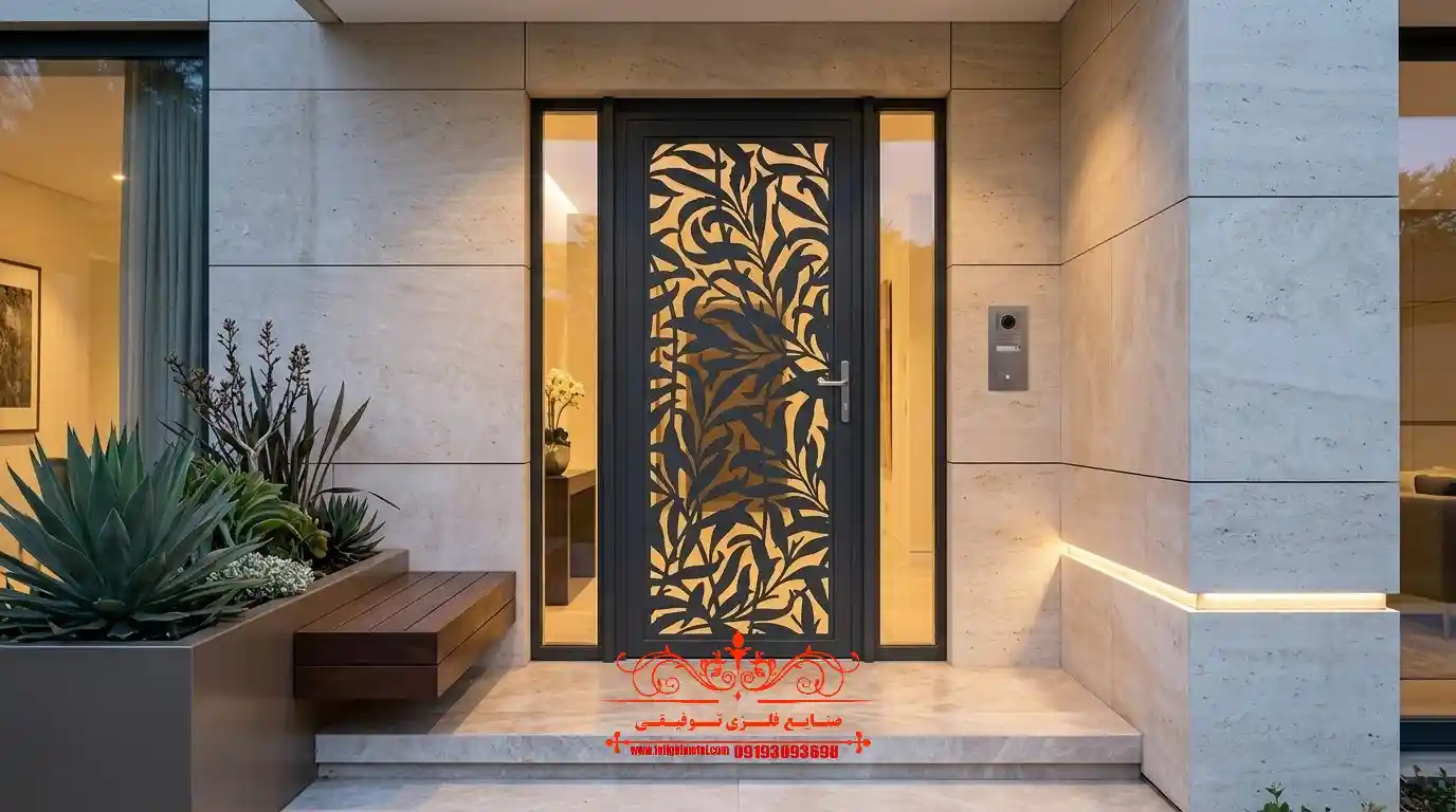 درب فلزی با طرح لیزری کد ۴۳۸ درب نفر رو فلزی طرح گیاهی مدل CNC برای نمای ویلاهای مدرن و لوکس