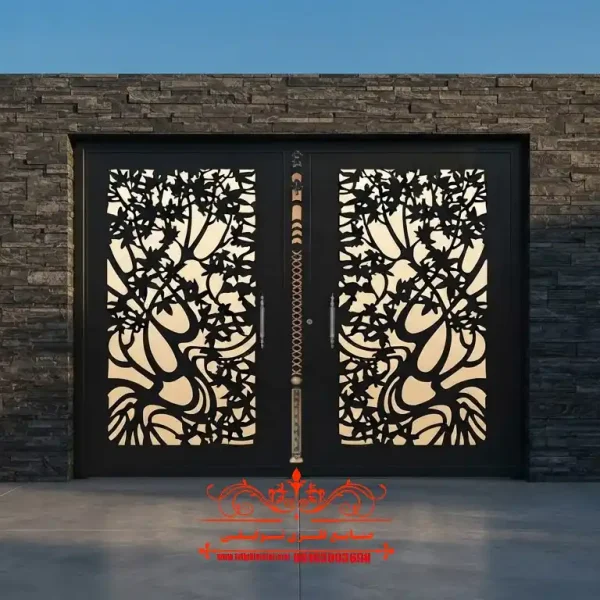 درب فلزی دو لنگه cnc کد ۴۵۱ با طرح درختی مدرن برای ورودی ویلا و حیاط
