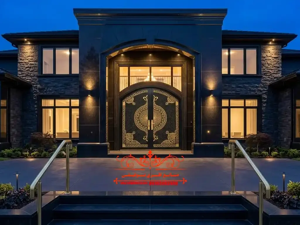 درب فلزی دو لنگه طرح لیزری کد ۵۰۶ 2 درب فلزی دو لنگه طرح لیزری کد ۵۰۶ مجلل و رنگ مشکی طلایی برای ورودی ویلا